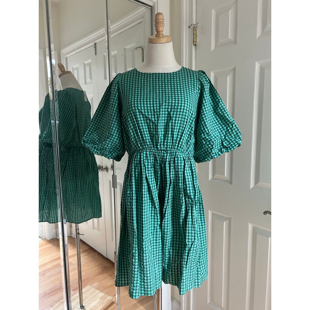 Madewell Green Gingham Crewneck Bubble-Sleeve Mini Dress in Polished Jade
